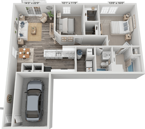 Floor plan for 2 beds, 2 baths, 1090 sqft